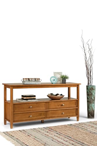 SIMPLIHOME Warm Shaker Wide Console Table - 60 Inch Wide Solid Wood Sofa Table in Light Golden Brown, Transitional Storage Table for Living Room with 4 Drawers, Open Shelf, and Brushed Nickel Knobs SIMPLIHOME