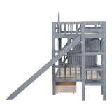 Ball & Cast Twin-Over-Twin Castle Style Bunk Bed,Wood Bunkbed w/ 2 Drawers and 3 Shelves,Full-Length Fence,Bedframe with Slide & Storage Ladder,Space Saving,Slat Support,for Child's Bedroom,Gray Ball & Cast