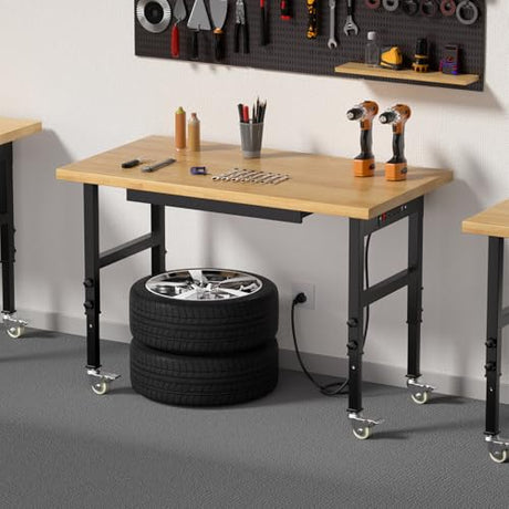 Granper 48" Heavy Duty Solid Wood Work Bench, Work Table with Drawers, Portable Garage Workbench with Wheels and Power Outlet, 3000 LBS Load Capacity, Rolling Tool Workbench for Workshop, Office, Home Granper