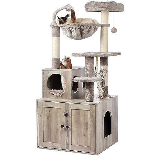 Timberer Cat Tree with Litter Box Enclosure, 2-in-1 Cat Tower for Indoor Cats, Large Cat Furniture, Wood Cat Condo with Basket, Scratching Posts, Pompoms, Grey - WoodArtSupply