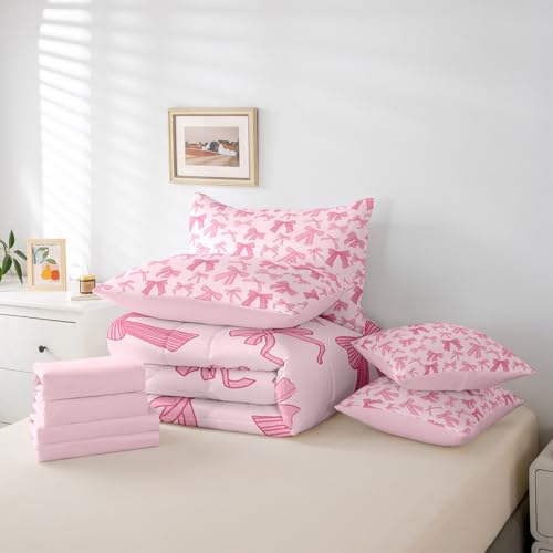 Erosebridal Pink Bowknot Kids Bedding Sets Queen Size, Dreamy Princess Style Comforter Set Cartoon Bow Tie Kawaii Sheet Set with Comforter for Girls Boys Children Women, Cartoon Bow Knot Bed in A Bag Erosebridal