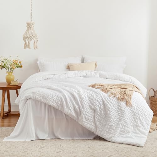 Love's cabin Seersucker White Twin Comforter Set, 5-Piece All Season Lightweight Bed in a Bag Bedding Set with Comforter, Flat Sheet, Fitted Sheet, Pillowcase and Sham Love's cabin