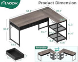 AODK 53 Inch L Shaped Computer Desk with Drawers, Corner Desk with Power Outlets & Reversible Storage Shelves, for Home Office Gaming, Oak Grey AODK