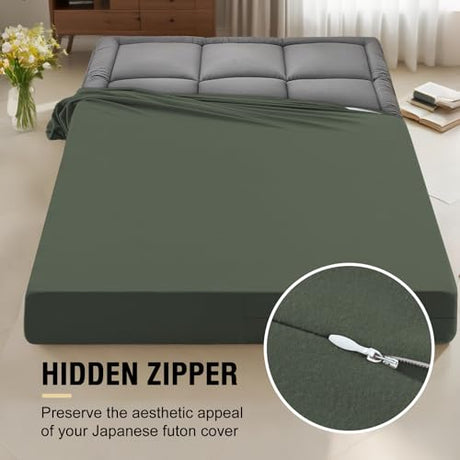 PrinceDeco Full Mattress Cover for Traditional Japanese Futon Mattress, Soft and Snug Futon Cover for Sleeper Sofa Bed/Folding Mattress Couch with Zipper, Machine Washable, Loden Green PrinceDeco