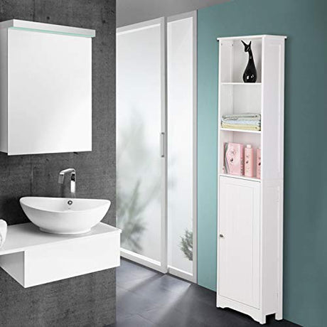 Bonnlo Narrow Cabinet, 67" Tall Slim Bathroom Storage Cabinet 12" Wide White Skinny Linen Cabinet with 3 Open Shelves Single Door Adjustable Shelf Space Saving Corner Pantry Bonnlo