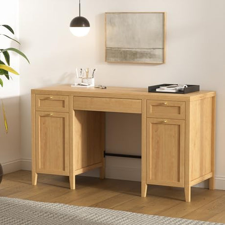 MoomJiee 52" Executive Desk with Storage Drawer, Farmhouse Home Office Desk with Storage Cabinet Wood Computer Writing Desk for Study Office, Natural Oak MoomJiee