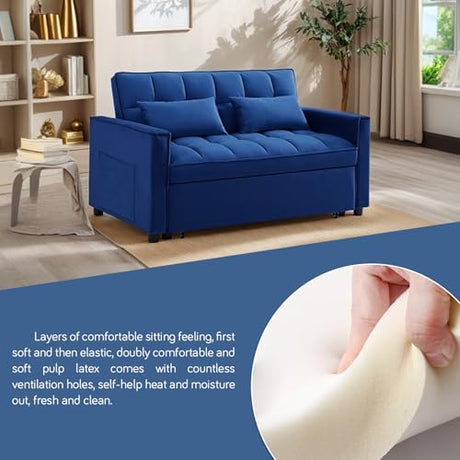3 In 1 Velvet Convertible Sofa Bed, Pull Out Couch Bed with Reclining Backrest And 2 Pillows, 54" Full Size Loveseat Sleeper Sofa Futon Couch Beds, Couches For Small Spaces, Living Room (Dark Blue) Xinmviec