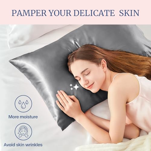 BEDELITE Satin Pillowcase for Hair and Skin, Super Soft and Cooling Similar to Silk Pillow Cases 2 Pack with Envelope Closure, Gift for Women Men(20"x30" Queen Size, Dark Grey) BEDELITE