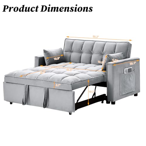 MilleLoom 3 in 1 Convertible Sleeper Sofa Bed, Futon Sofa Bed, Pull Out Loveseat Sleeper with Adjustable Backrest, Storage Pockets with 2 Pillows for Living Room Bedroom