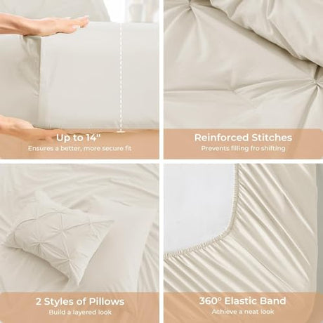 Sasttie Full Size Comforter Set, 7-Piece Bed in a Bag Double, Pintuck Bedding Set for All Season, Includes Comforter, Flat Sheet, Fitted Sheet, Pillowcases and Pillowshams, Beige Sasttie