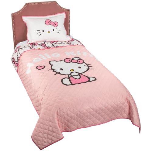 Jay Franco Hello Kitty Pink Stripes & Hearts Twin Size Quilt & Sham Set - Super Soft Lightweight Bedspread Set Jay Franco
