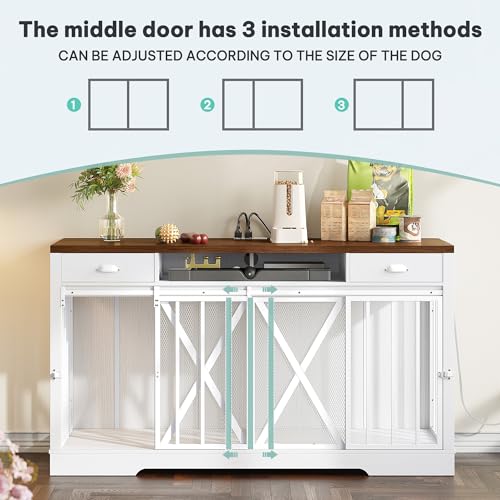YITAHOME 63 Inch Double Dog Crate TV Stand with Charging Station, Heavy Duty Wooden Dog Crate Furniture for 2 Dogs, Dog Kennel Indoor Furniture Double Sliding Barn Door Design Ideal for 2 Dogs, White YITAHOME