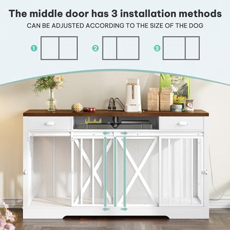 YITAHOME 63 Inch Double Dog Crate TV Stand with Charging Station, Heavy Duty Wooden Dog Crate Furniture for 2 Dogs, Dog Kennel Indoor Furniture Double Sliding Barn Door Design Ideal for 2 Dogs, White YITAHOME