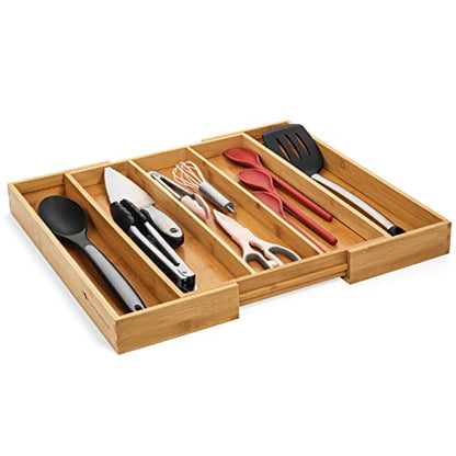 Purawood Kitchen Drawer Organizer - Expandable Utensil Drawer Organizer for Kitchen, Cutlery Tray & Silverware Drawer Organizer, 3-5 Slots - Bamboo Drawer Organizer for Utensils & Flatware (Natural)