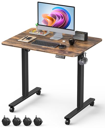Small Height Adjustable Electric Standing Desk, 31.5" x 23.6" Sit Stand up Desk with Splice Board, Ergonomic Rising Computer Home Office Desk Table with Memory Preset, Black Frame/Rustic Brown Top Xyndyx