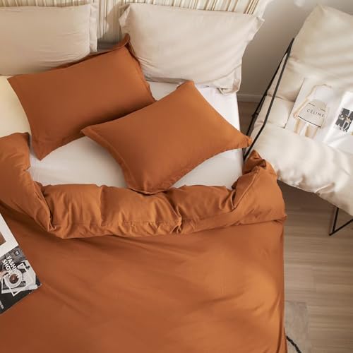 AZMTOP Washed Duvet Cover 3 Pcs(1 Duvet Cover with 2 Pillowcases) Full Size,All Season Use Soft Breathable Comforter Covers Simple Solid Style,Kid Adult Bedding Set Terrocotta 80"X90" AMZTOP