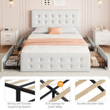 IDEALHOUSE Full Size Bed Frame with 4 Storage Drawers and Headboard, Faux Leather Upholstered Platform Bed Frame with Wooden Slats Support, Button Tufted Design, No Box Spring Needed, Beige IDEALHOUSE