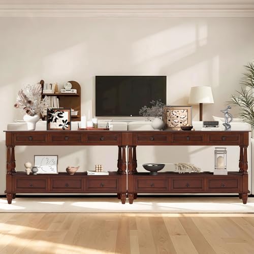 LKTART 54'' Solid Wood Console Table, Farmhouse Entryway Table with 6 Drawers and Shelf, Narrow Long Sofa Table with Storage for Living Room Hallway, Couch, Foyer (Cherry) LKTART