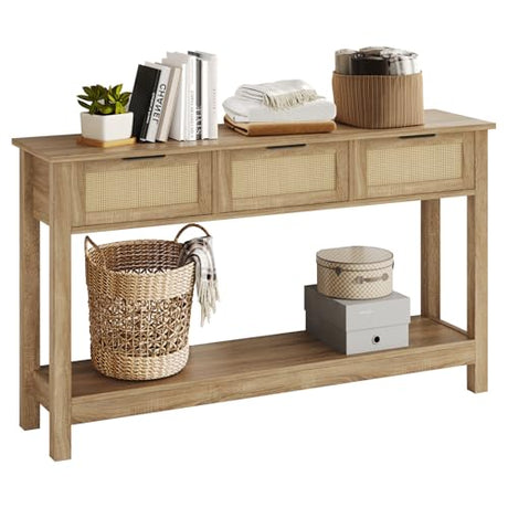 Luoxiao Rattan Console Table Boho Entryway Table with 3 Drawers Storage, Narrow Long Behind Couch Sofa Table for Living Room Side Table Entry Way Table Entrance Hallway Foyer, Natural, 47 Inch Luoxiao