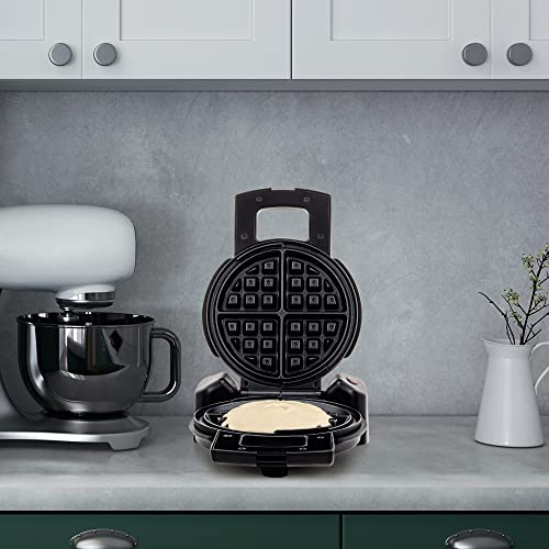 OVENTE Belgian Waffle Maker with Non-Stick Plates, 180° Rotating Function and Cool Touch Handle for Easy Single Flip, Perfect for Cooking 7” Classic Waffles for Breakfast or Snacks, Black WMF1440BR OVENTE