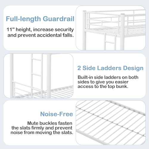VECELO Bunk Bed Twin Over Twin with Trundle, Metal Bunkbeds with Ladder and Full-Length Guardrail, No Box Spring Needed, Space Saving, Noise Free, White VECELO