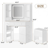 BTHFST Corner Vanity Desk with Lights and Charging Station, Makeup Vanity with Lights, Vanity Set with Mirror and Storage Stool, Makeup Table with Drawers, Rotating Shelves, White BTHFST