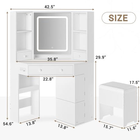 BTHFST Corner Vanity Desk with Lights and Charging Station, Makeup Vanity with Lights, Vanity Set with Mirror and Storage Stool, Makeup Table with Drawers, Rotating Shelves, White BTHFST