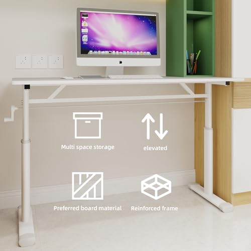 AnoYishev Height-Adjustable Study Office Desk, Sit to Stand Desks Workstation, Manual Crank Adjustable Computer Table for Kids Teens Adults, Multi Compact Design (White, 47 Inches) AnoYishev