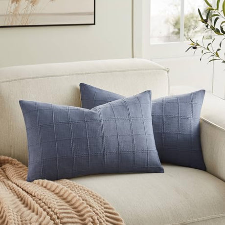 ZeeMart Linen Checked Lumbar Throw Pillow Covers Set of 2, 12x20 Inch Blue/Cream, Farmhouse Decorative Single Sided Grid Embroidered Couch Pillow Cases Dusty Blue Cotton Linen Cushion Covers ZeeMart