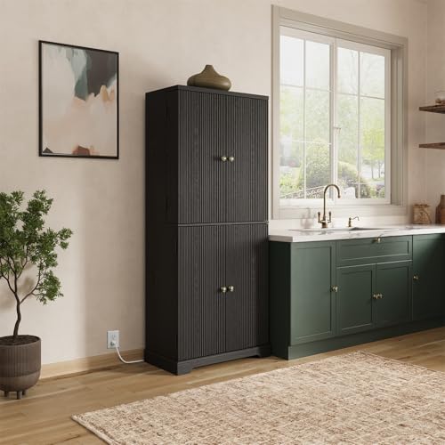 71" Tall Fluted Kitchen Pantry Cabinet, Modern Fluted Pantry Cabinet with Doors, Kitchen Pantrys Storage Cabinets with Drawer and Adjustable Shelves Doors for Dining Room, Living Room, Bathroom Black Generic