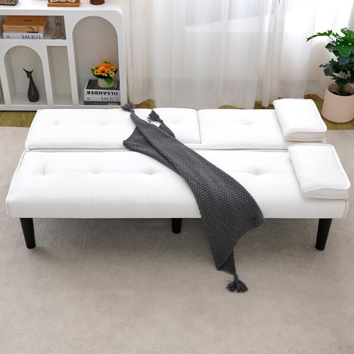 AnoYishev Futon Sofa Bed PU Leather Modern Convertible Futon Couch with Removable Armrests, Cup Holders, Loveseat Sleeper Sofa Bed for Living Room, Apartment, Small Spaces (White) AnoYishev
