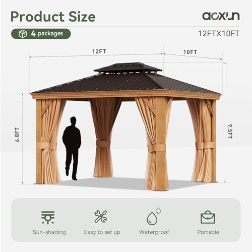 Aoxun 10' x 12' Hardtop Gazebo, Wooden Finish Coated Aluminum Frame Canopy, Galvanized Steel Double Top, Outdoor Permanent Metal Pavilion with Curtains and Netting, for Backyard, Patio and Deck Aoxun
