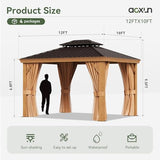 Aoxun 10' x 12' Hardtop Gazebo, Wooden Finish Coated Aluminum Frame Canopy, Galvanized Steel Double Top, Outdoor Permanent Metal Pavilion with Curtains and Netting, for Backyard, Patio and Deck Aoxun