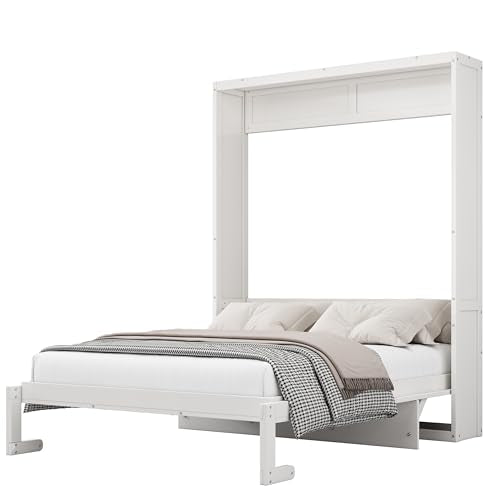 Ball & Cast Murphy Bed Queen Szie Multi-Function 68-inch Cabinet with Desk Combo,No Spring Box Required,Folding Wall Hideaway Bed Frame w/Slat Support,for Guest Room,Study, Office,White Ball & Cast