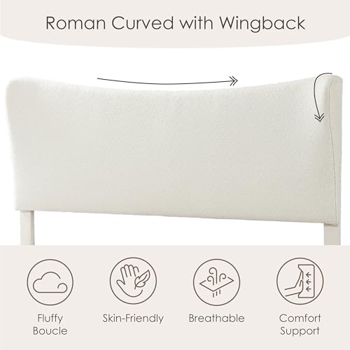 Vivienne Contemporary Boucle Fabric Queen Size Platform Bed Frame with Adjustable Curved Headboard and Solid Wood Legs - White Furniture of America