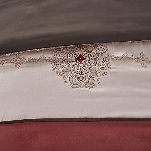 Madison Park Essentials Delaney 24-Piece Room In A Bag Comforter Set-Satin Jacquard, All Season Luxury Bedding, Sheets, decorative pillows and Curtains, Valance, King(104"x92"), Medallion Red Madison Park