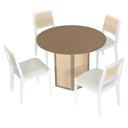 LostCat Rattan Round Dining Table Set for 4, 5-Piece Wood Table with Hexagonal Base and Upholstered Chairs, Dining Room Table Set for Dining Room, Kitchen, Brown - WoodArtSupply