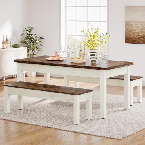 Tribesigns Farmhouse Kitchen Table Set for 4-6, 55-Inch Wooden Dining Table with 2 Benches, Space Saving 3 Pieces Heavy Duty Dinette for Dining Room, Kitchen, Small Space Tribesigns