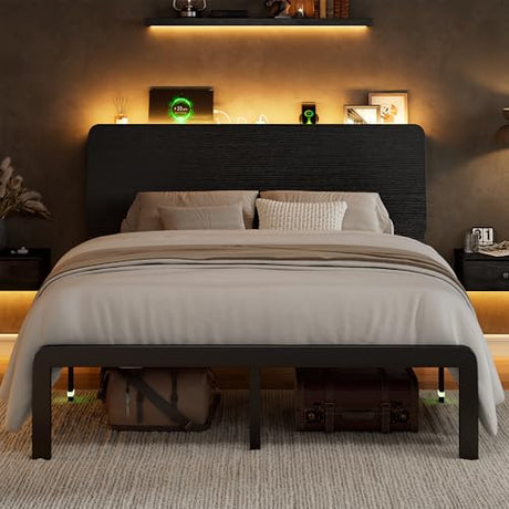 Feonase Full Size Bed Frame with Ergonomic Storage Headboard & Charging Station, LED Platform Bed Frame, Heavy Duty Metal Slats, No Box Spring Needed, Easy Assembly, Black Feonase