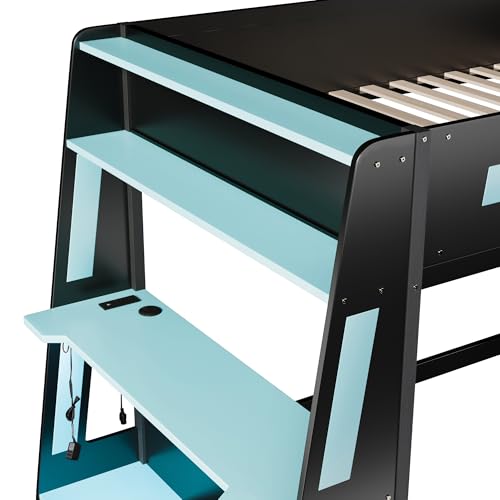 Full Over Full Wooden Bunk Bed with Desk & Charging Station & LED Lights,Gaming Loft Bed Frame with Safety Guardrails,Ladder and Storage Shelves,Esports Design for PC & Console Gamers,Black Blue FUvellamo