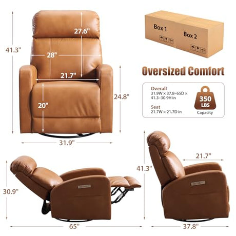 Lynkron Breathable Air Leather Power Swivel Rocker Recliner, 2-Zone Electric Adjustment (Headrest Independent, Back & Footrest Linked), 270° Swivel, 8-Mode Massage & Heat, USB/Type-C, Side Pocket Lynkron