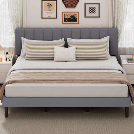 DUMOS King Size Bed Frame - Fabric Upholstered Platform Bed with Headboard, 800LBS Sturdy Wooden Slats Support, No Box Spring Needed, Noise Free, Easy Assembly, Grey DUMOS