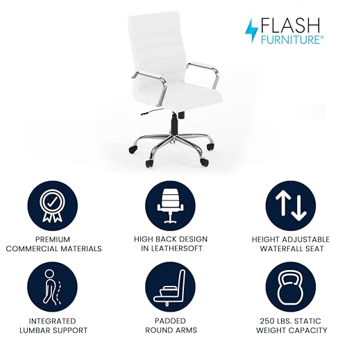 Flash Furniture Whitney High-Back Swivel LeatherSoft Desk Chair with Padded Seat and Armrests, Adjustable Height Padded Office Chair, White/Chrome Flash Furniture