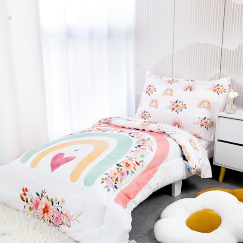 Toddler Bedding Sets for Girls, Rainbow Toddler Crib Bedding Set 4 Piece Pink Floral Toddler Comforter Set Includes Flat Top Sheet, Fitted Sheet, Comforter, Envelope Pillowcase, Soft & Comfort Pea Pod
