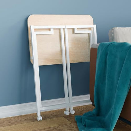 4NM 23.6" Mobile Small Rolling Computer Desk, Folding Laptop Cart Table with Wheels, Portable Office Desk for Small Space Couch Bed - Natural and White 4NM