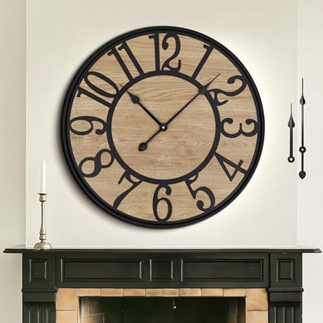 Mee 2ou Large Wall Clock for Living Room Decor, Non Ticking Silent, Battery Operated Modern Vintage Wood Wall Clock Oversized Decorative Wall Clock for Bedroom Kitchen Farmhouse Office Decor Mee 2ou