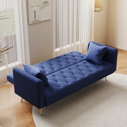 Anwick 72" Modern Velvet Sofa Bed Futon,Convertible Folding Sleeper Bed Couches with 3 Adjustable Backrests,Tufted Recliner Loveseat with Golden Chrome Legs for Small Living Room Office (Blue) Anwick