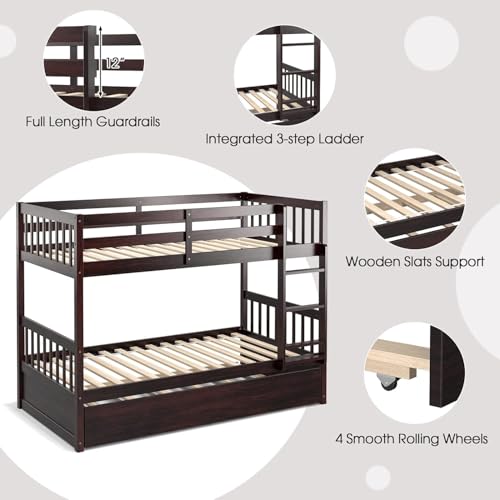 HOMGX Twin Over Twin Bunk Bed with Trundle, Wooden Removable Shelf Bunk Bed w/Ladder & Full Length Guardrail, Space-Saving Convertible Bunk Beds for Homes & Dorms (Espresso) WoodArtSupply