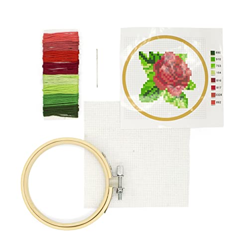 Kikkerland DIY Mini Cross Stitch Rose Embroidery Craft Starter Kit Set, with Pattern Instructions, 3" Bamboo Hoop, Stress Relief, Adult Beginner Friendly