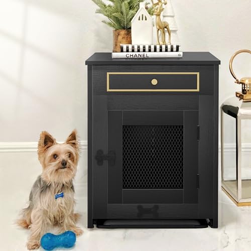 YITAHOME Dog Crate Furniture with Dual USB Charger, Wooden Dog Kennel End Table with Cushion Tray, Drawer for Small Dogs Under 25 lbs Indoor Use, Black - WoodArtSupply